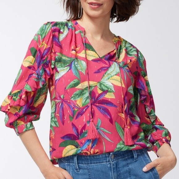 Chico’s Hot Pink Tropical Floral Clip Dot Ruffle Blouse Sparkly V-Neck Sz3/Sz16 - Picture 5 of 13